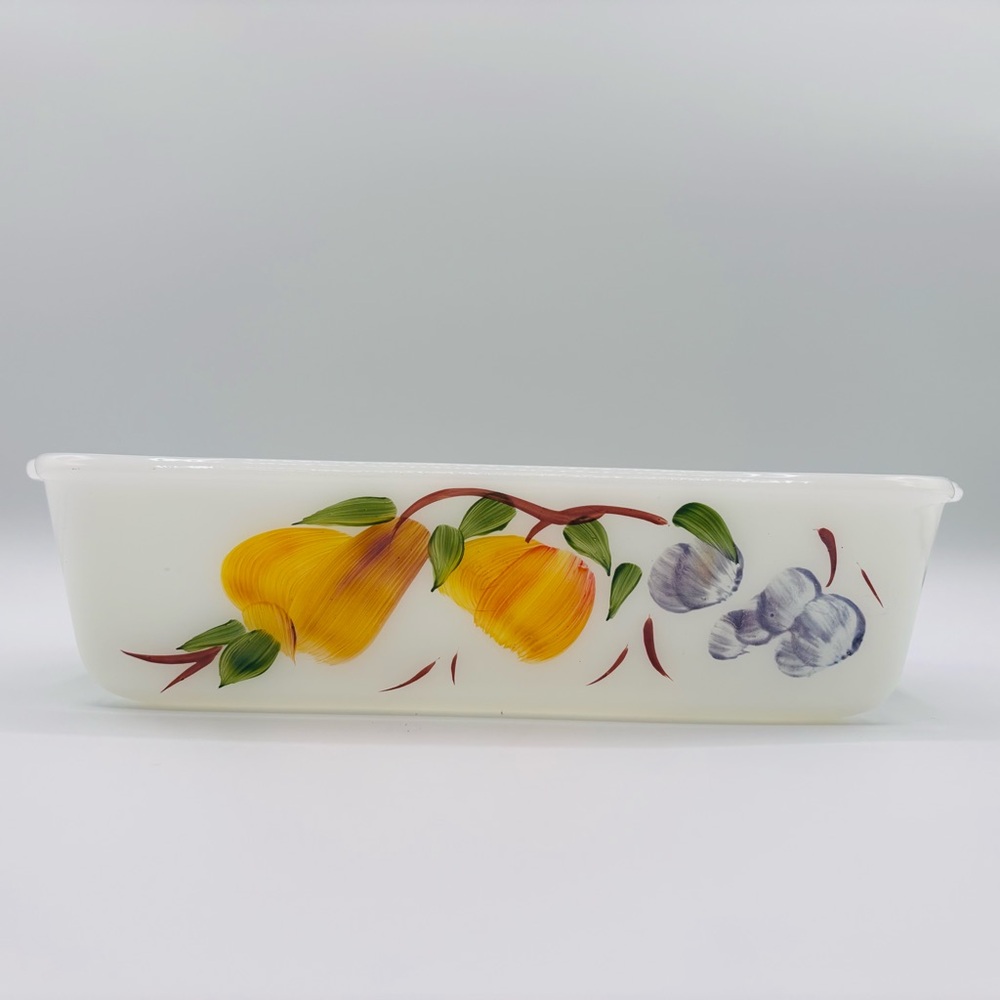 Vintage Anchor Hocking Fire-King 1 Qt Milk Glass Loaf Pan Hand Painted "Fruit"